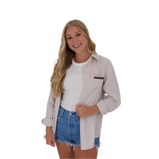 TAN STRIPE LONG SLEEVE BUTTON-UP