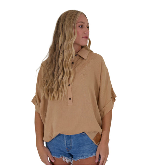 QUARTER BUTTON UP SLOUCHY BLOUSE - TAN
