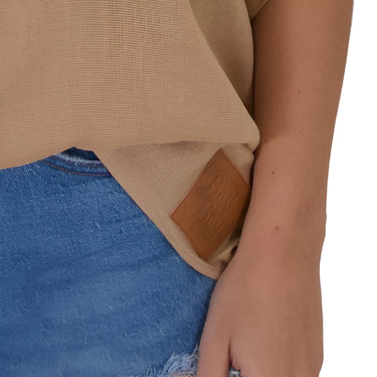 QUARTER BUTTON UP SLOUCHY BLOUSE - TAN