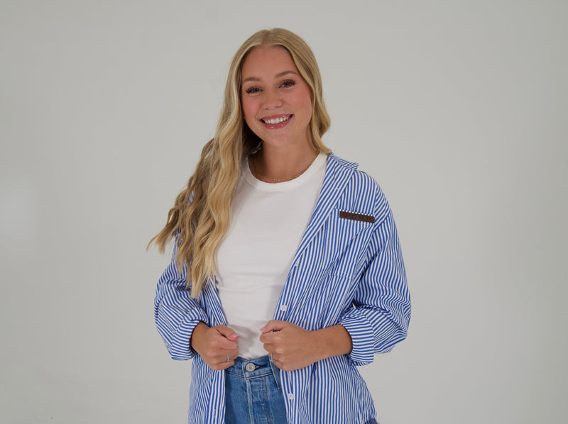 Load image into Gallery viewer, BLUE STRIPE LONG SLEEVE BUTTON-UP
