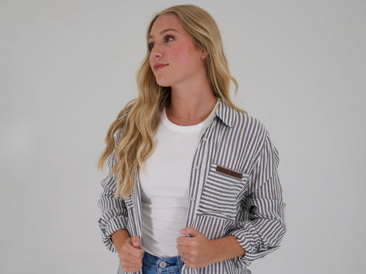 BLACK STRIPE LONG SLEEVE BUTTON-UP