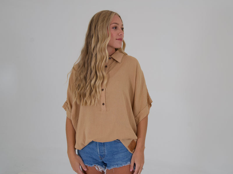 Load image into Gallery viewer, QUARTER BUTTON UP SLOUCHY BLOUSE - TAN
