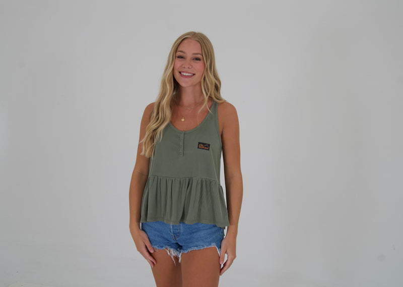 Load image into Gallery viewer, BABY DOLL HENLEY TANK - OLIVE
