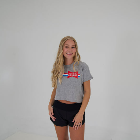 GREY CROPPED TEE WITH RED, WHITE, & BLUE DESIGN