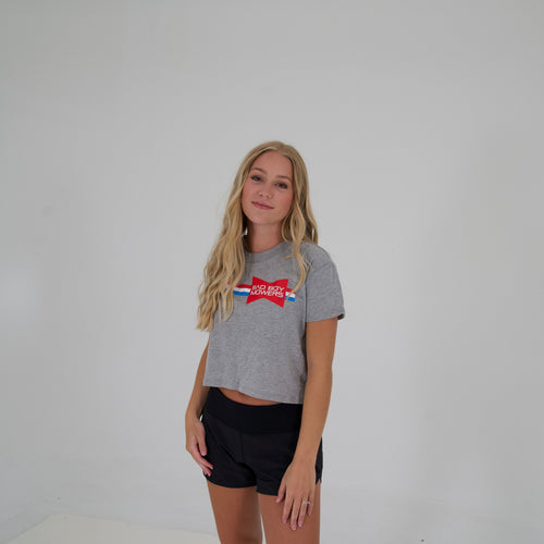 GREY CROPPED TEE WITH RED, WHITE, & BLUE DESIGN