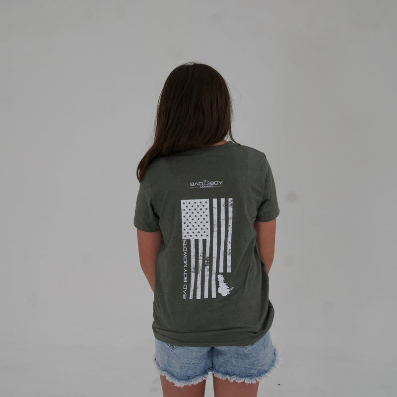 Load image into Gallery viewer, YOUTH HEATHER MILITARY GREEN VERTICAL FLAG TEE
