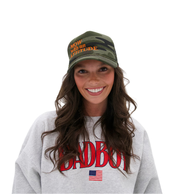 Load image into Gallery viewer, &quot;MOW WITH AN ATTITUDE&quot; CAMO TRUCKER HAT
