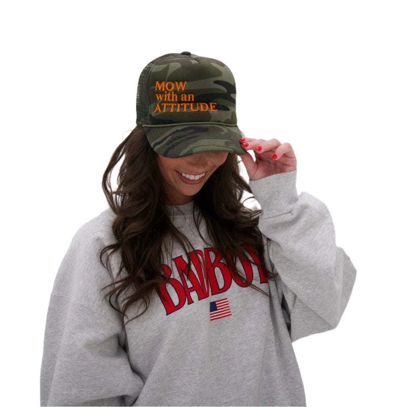 Load image into Gallery viewer, &quot;MOW WITH AN ATTITUDE&quot; CAMO TRUCKER HAT
