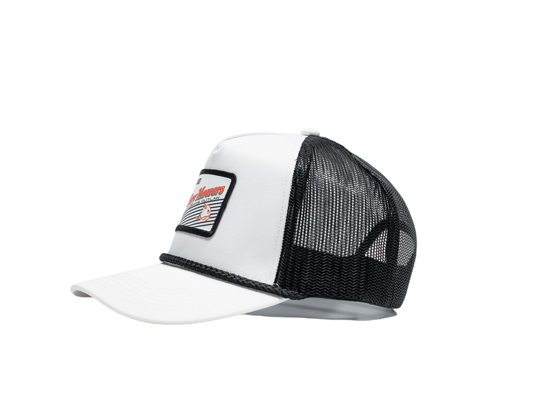 Load image into Gallery viewer, BLACK &amp; WHITE TRUCKER HAT WITH AMERICAN OUTLAW PATCH
