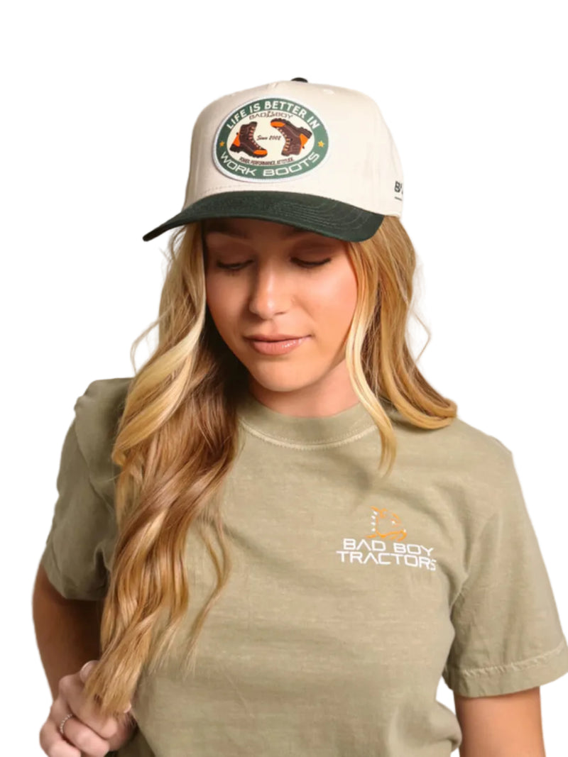 Load image into Gallery viewer, WORK BOOTS TAN/GREEN HAT
