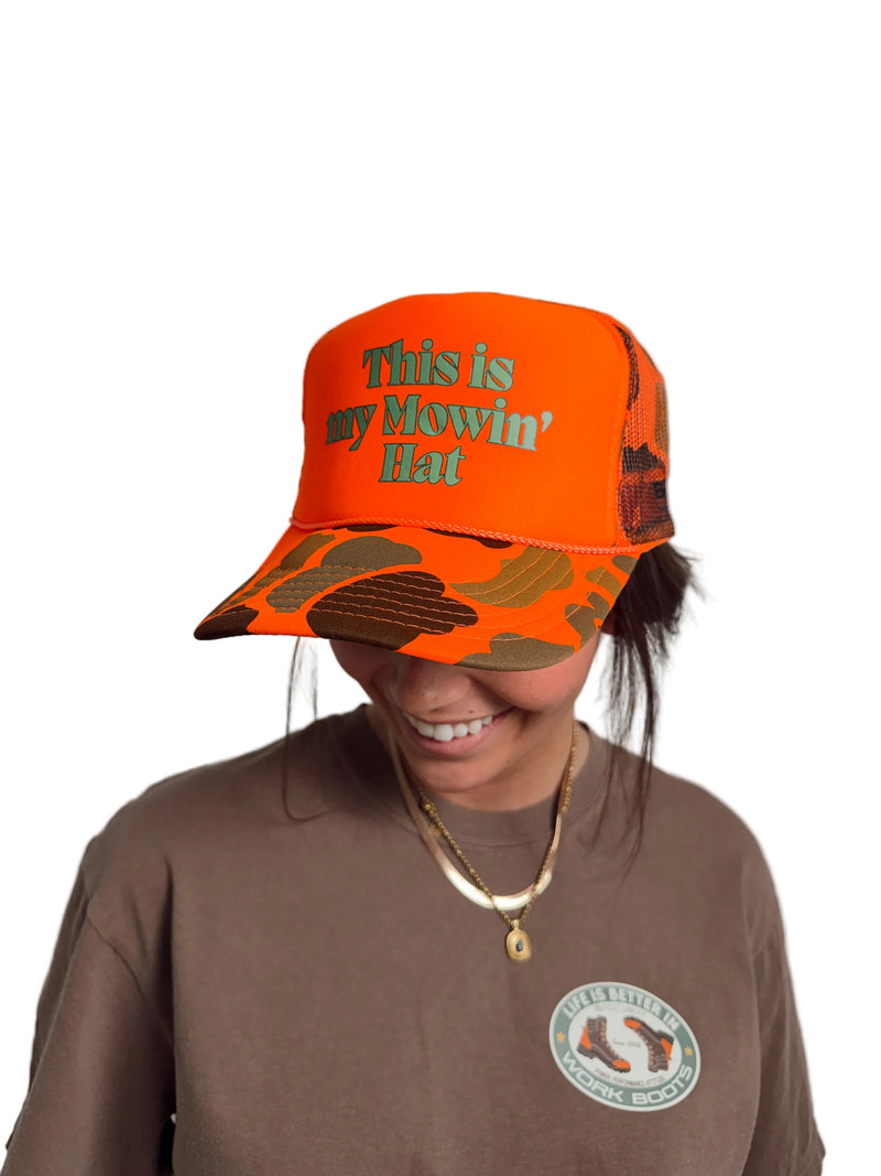 Load image into Gallery viewer, ORANGE CAMO W/ROPE MY MOWIN HAT
