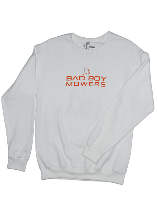Adult White Crewneck Sweatshirt Orange Bad Boy Mowers Bulldog - Bad Boy Mowers