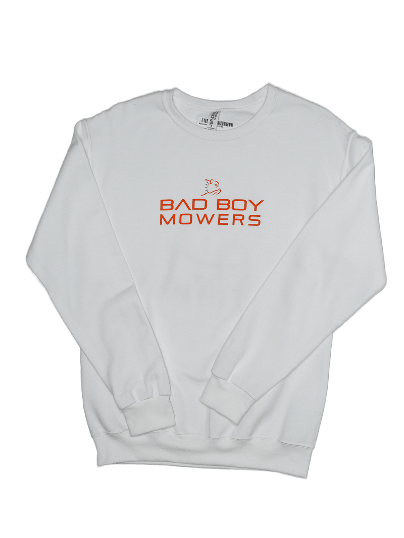 Load image into Gallery viewer, Adult White Crewneck Sweatshirt Orange Bad Boy Mowers Bulldog - Bad Boy Mowers
