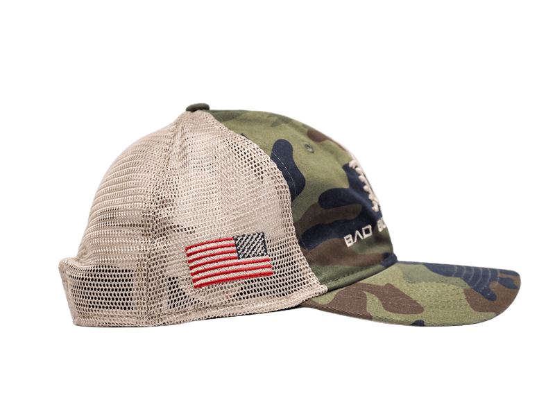 Load image into Gallery viewer, Camo and Tan Mesh Bad Boy Mowers with American Flag Hat - Bad Boy Mowers
