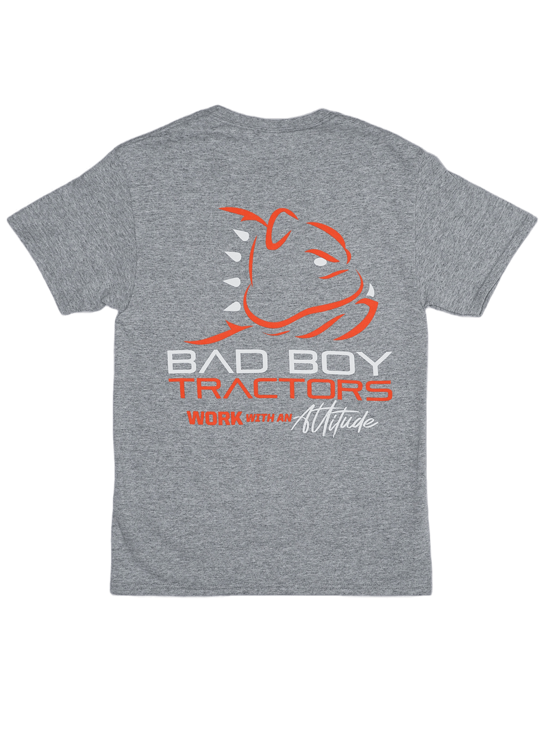 Load image into Gallery viewer, Gray Standard Bad Boy Tractors Tee Orange And White Work With An Attitude - Bad Boy Mowers
