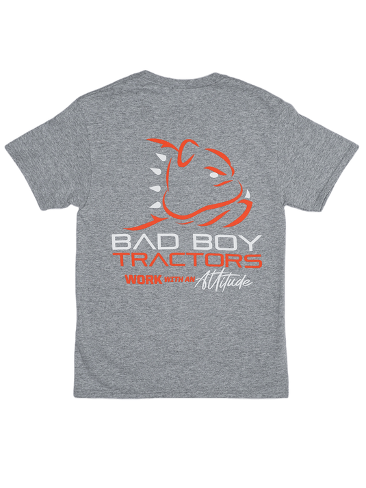 Gray Standard Bad Boy Tractors Tee Orange And White Work With An Attitude - Bad Boy Mowers